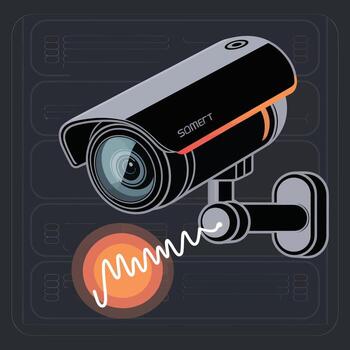 Black and Gray Security Camera with Orange Warning Signal on Dark Gray Background Showing Server Rack Outline vector