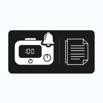Black and White Digital Alarm Clock Icon with Bell and Document Icon on Black Rectangle Background Showing 1000 Time vector