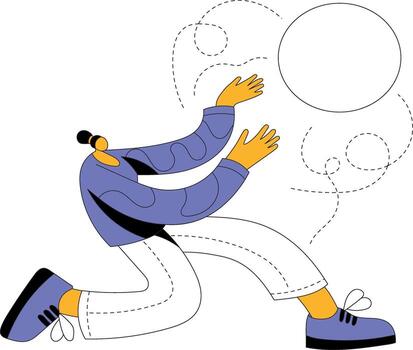 plano ilustración de un dinámica figura en un púrpura suéter y blanco pantalones, alcanzando fuera a captura un flotante circular objeto, encarnando movimiento y creatividad con Copiar espacio vector