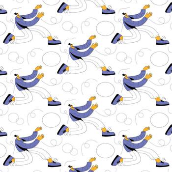 Dynamic flat illustration of a stylized figure in motion, showcasing energetic running poses with playful circular elements in a vibrant pattern design for creative projects vector