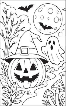 Halloween-themed illustration featuring a smiling jack-o'-lantern, spooky ghost, bats, and a full moon, creating a festive autumn atmosphere with playful elements vector