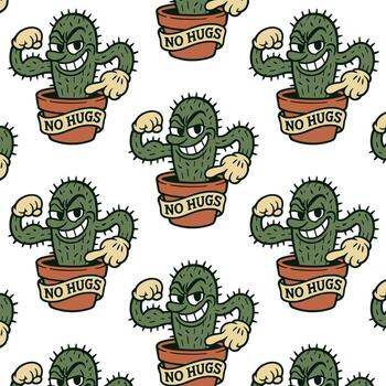 Cartoon cactus character with a mischievous smile, wearing a pot, displaying a humorous 'No Hugs' message, repeating pattern design for playful illustration concepts vector
