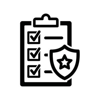 Illustration of clipboard checklist with shield and star icon, symbolizing security compliance and regulatory standards adherence vector