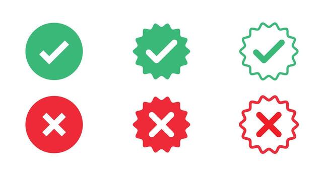 Tick and cross mark set with zigzag effect isolated on white background vector