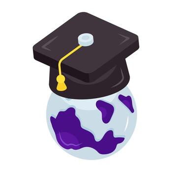 Globe with mortarboard, isometric of global learning vector
