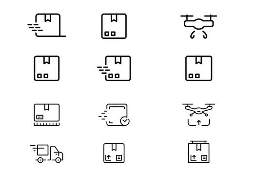 A set of icons that include a car, a box, and a drone vector