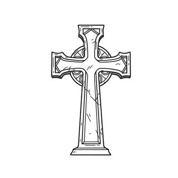 A black outline of a weathered Celtic cross made of stone, with cracks and circular patterns, is set against a white background and ideal for religious or cultural artwork. vector