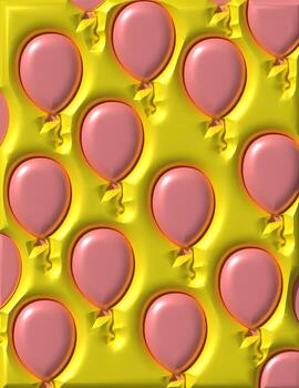 Yellow background with pink balloon shapes embossed within it, creating a playful and festive design, 3D rendering illustration photo