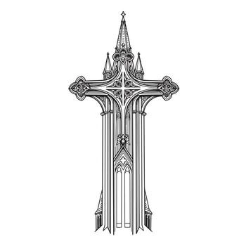An ornate gothic cross design features detailed architectural elements rendered in black and white linework for use as a tattoo or graphic design element. vector