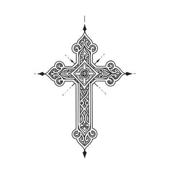 This ornate cross features intricate scrollwork and geometric patterns, making it suitable for tattoo designs or religious illustrations. vector