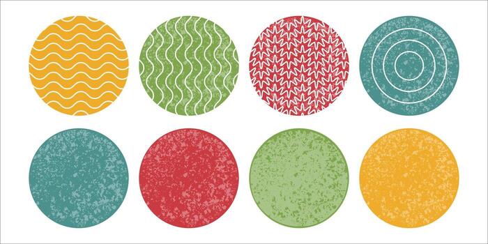 Collection of grungy hand printed textured circle shapes on clean white background for use in abstract design, posters, branding, fashion prints, and overlays vector