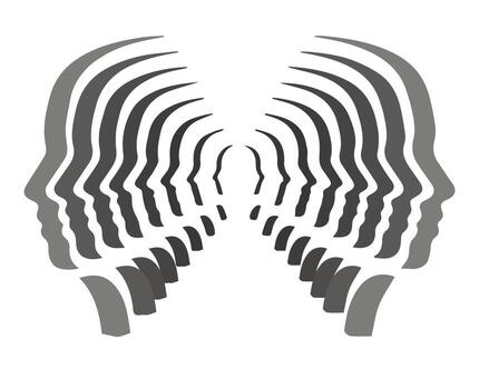 Optical Illusion Faces. Creative optical illusion artwork showing repeating human head silhouettes in grayscale converging toward center symbolizing thought unity and perception vector