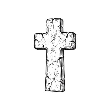 An illustration shows a weathered, stone cross with visible cracks and texture, commonly found as a grave marker, suitable for use in designs needing a somber or memorial element. vector