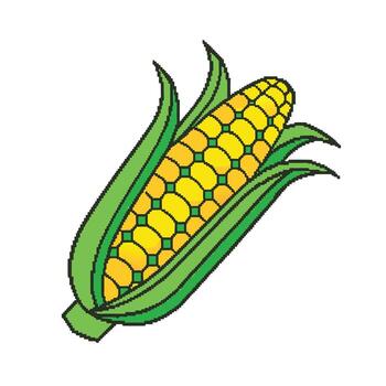 Pixelated 8 bit style a yellow corn cob with green husks maize grain vector
