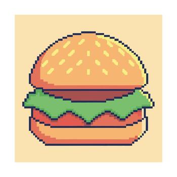 Pixelated 8 bit hamburger with lettuce tomato a light yellow 8bit retro vector