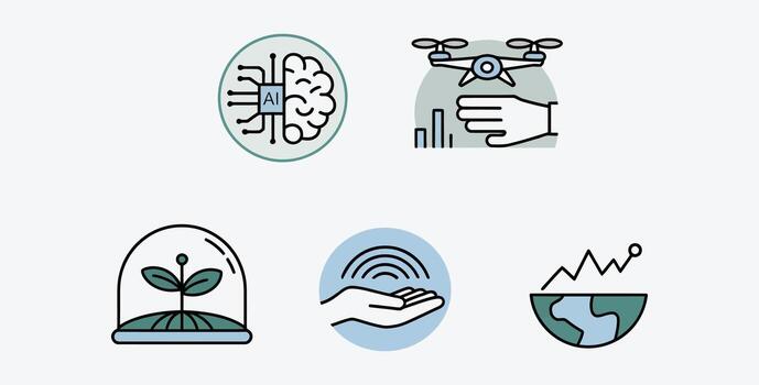 Modern Technology Icons AI, Drone Control, Sustainable Growth, Global Data, Minimalist Style vector