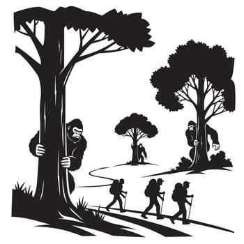 Hikers Encountering Gorillas in a Forest Setting vector