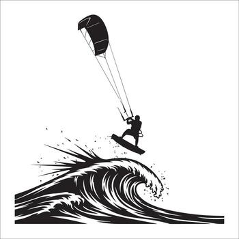 Silhouette of a kitesurfer performing a jump over a crashing wave vector