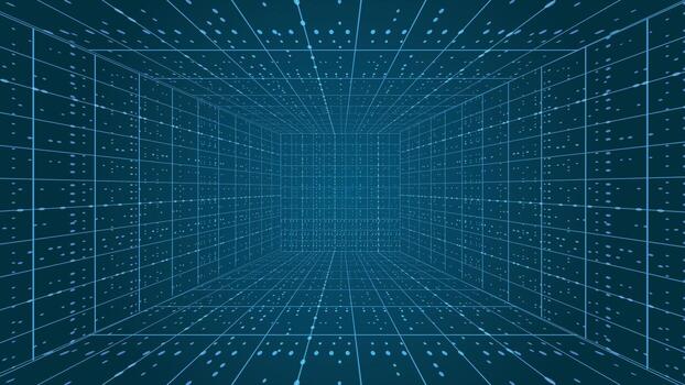 resumen 3d digital túnel con brillante azul cuadrícula y puntos, Perfecto para cibernético, futurista, moderno tecnología, datos, innovación, y virtual temática diseño proyectos vector