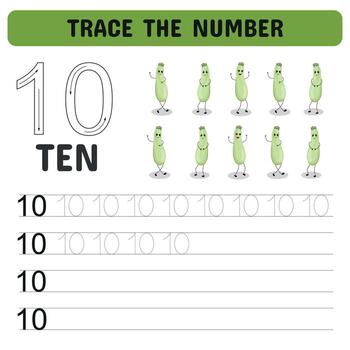 Number 10 Tracing Worksheet with Zucchini Characters vector