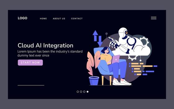Woman Using Laptop With Robot for Cloud AI Integration vector