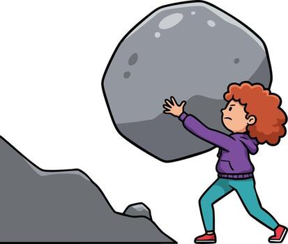 Person pushing large boulder uphill representing perseverance and determination in challenging tasks illustration vector