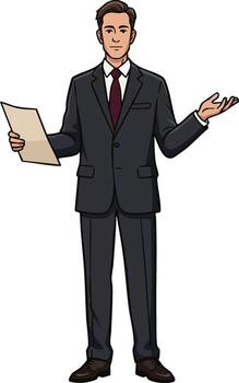 Businessman in formal suit presenting with paper in hand and open palm gesture illustration vector