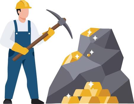 Miner extracting gold nuggets with pickaxe from rock in mining industry illustration vector