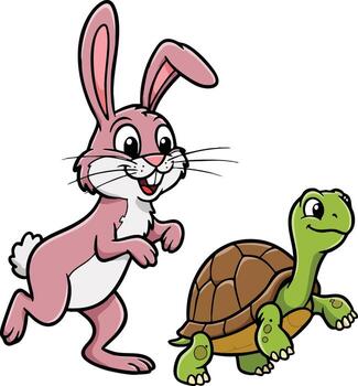 Pink rabbit and green turtle cartoon characters running together in playful interaction illustration vector