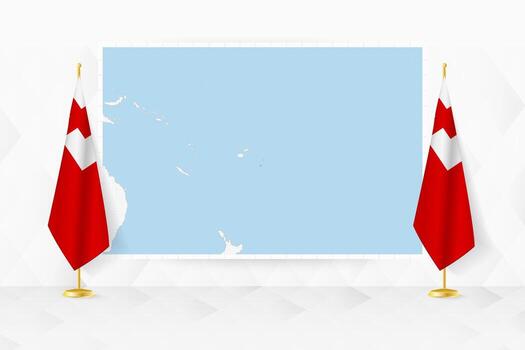 Map of Tonga and flags of Tonga on flag stand. vector