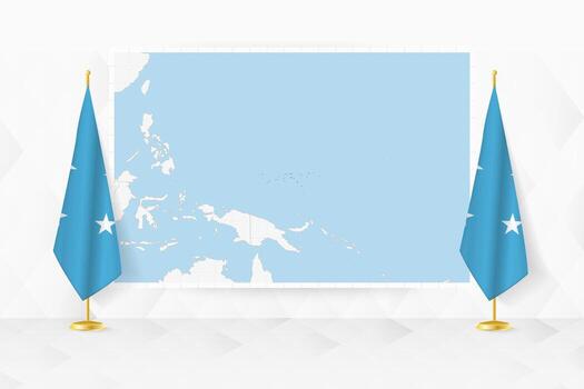 Map of Micronesia and flags of Micronesia on flag stand. vector