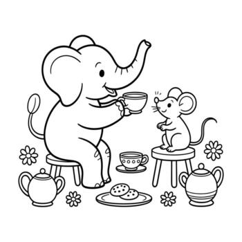 Elephant and mouse having tea with cookies line art vector