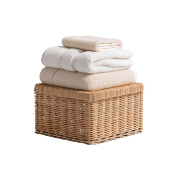 pulcramente apilado toallas en mimbre almacenamiento envase en contra prístino fondo para producto monitor png