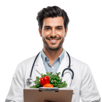 Friendly doctor promoting health and well-being with fresh vegetables and clipboard imagery isolated png