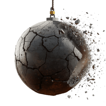 Destructive impact, spherical object shattering into fragments, structural failure in design, png