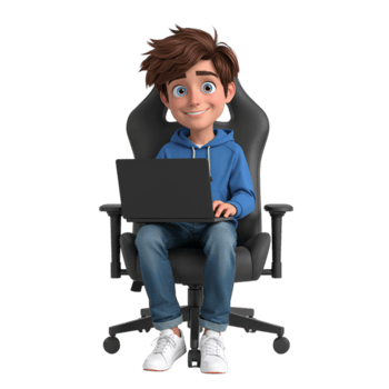 animado personagem codificação em computador portátil enquanto sentado dentro moderno jogos cadeira com transparente espaço png