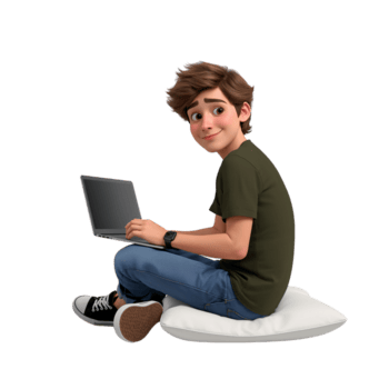 Animated character working on a laptop isolated on transparent backdrop with a curious expression png