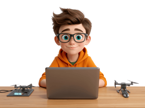 cartone animato ragazzo con bicchieri codifica e programmazione droni su il suo il computer portatile su isolato trasparente png