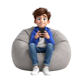 Animated character enjoying leisure time while engaging with digital device on isolated view png