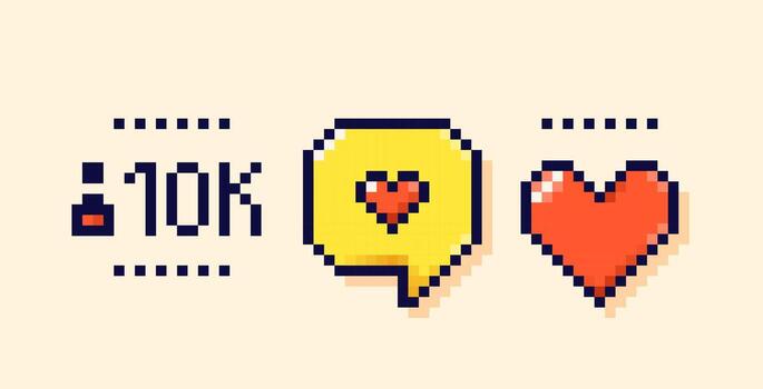 Speech bubble, heart and the number of people connected to the stream, drawn in Y2K pixel art style. vector