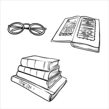 set of stack of Books, open book and eyeglasses. Black and white line drawing of a book is with open pages and Stack of Books. Hand drawn line illustration books. Literature in outline drawing vector