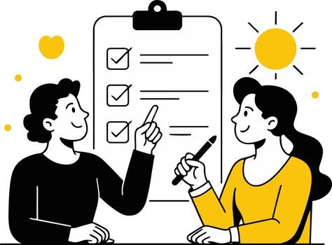 Arte de dos personas que se discute un Lista de Verificación, planificación tareas, gerente proyectos, y estrategia para negocio éxito en un colaborativo oficina ambiente vector