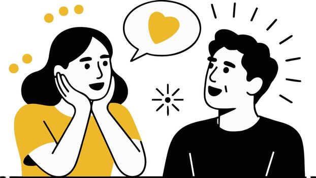 Art of a couple is having a conversation with a heart in a speech bubble, symbolizing love and affection, creating a warm and romantic atmosphere vector