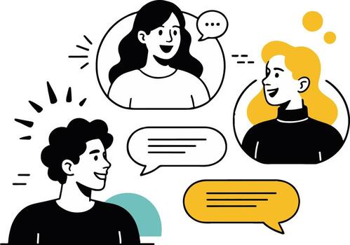 Arte de grupo de personas teniendo un conversacion con habla burbujas, representando comunicación, discusión, y social Interacción en un moderno y minimalista estilo vector