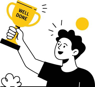 Art of a man holding a trophy with well done text, , celebrating achievement and success with joy, representing recognition and a positive emotion vector