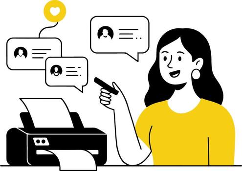 Arte de un mujer es utilizando un impresora con charla burbujas, representando comunicación, documento impresión, y en línea social Interacción vector