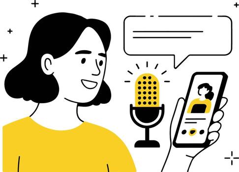 Arte de un mujer es utilizando un micrófono y teléfono a grabar un voz mensaje, con un habla burbuja indicando comunicación, exhibiendo moderno tecnología vector