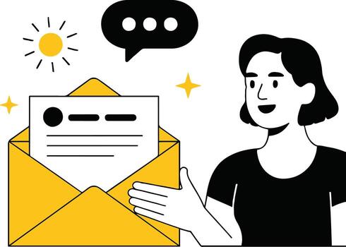 Art of a woman is presenting an email message in an open envelope, the design features a modern, minimalist style with black and yellow elements, suitable for business and communication themes vector