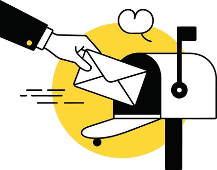 Art of a hand is placing an envelope into a white mailbox with a yellow circle behind it, representing sending and receiving mail, communication, and postal services vector