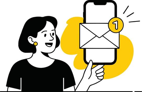 Art of a woman is holding a smartphone with an email notification, the design features a modern, minimalist style with black and yellow elements, suitable for business and communication vector